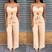Sexy Solid Color V-neck Hollow Out Sling Jumpsuit with Waist Strap