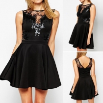 Sexy Round Neck Sleeveless Lace Spliced V Back Dress 