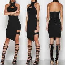 Sexy Halter Sleeveless Hollow Out Irregular Hem Bodycon Dress