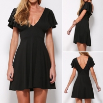 Sexy Solid Color Deep V-neck Backless High Waist Dress