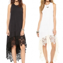 Elegant Solid Color Sleeveless Lace Spliced Hollow Out High-low Dress