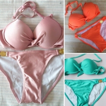 Sexy Solid Color Halter Golden Coins Two-piece Bikini Swimsuit
