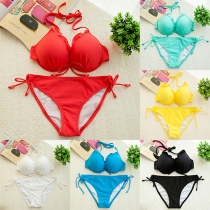 Sexy Solid Color Knotted Halter Ruffle Bikini Swimsuit Set