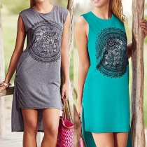 Trendy Round Neck Sleeveless Elephant Printed High-low Dress
