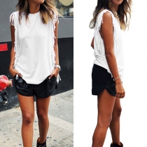 Fashion Style Solid Color Round Neck Tassel T-shirt