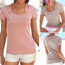 Fashion Solid Color Round Neck Short Sleeve Buttons T-shirt
