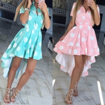 Sweet Round Dots Lapel Short Sleeve Irregular Hem Dress