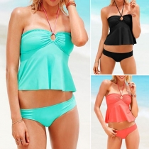 Sexy Solid Color Front Keyhole Halter Bikini Swimwear Set