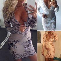 Sexig djup V-ringad paljett Bodycon-klänning med lång ärm