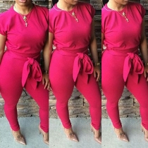 Fashion Solid Color Round Neck Short Sleeve Jumpsuit with Waist Strap