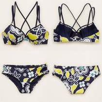 Sexy Flowers Printed Back Cross Sling Bikini Swimwear Set