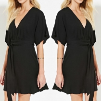 Sexy Deep V-neck Short Sleeve Solid Color Chiffon Dress