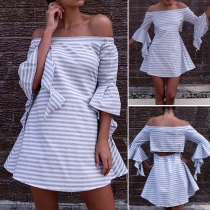 Trendy Off Shoulder Ruffle Sleeve Striped Dress
