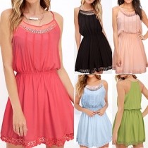 Sexy Round Neck Sleeveless Beaded Lace Gathered Waist Dress