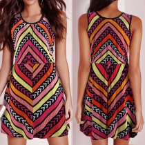 Fashion Style Round Neck Sleeveless Geometric Printed Dress