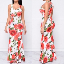 Sexy Round Neck Sleeveless Flowers Printed Maxi Dress