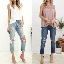 Fashion Lace Spliced Sleeveless Round Neck Chiffon Tops