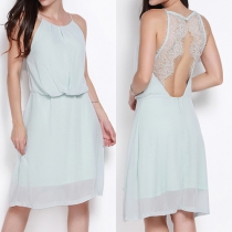 Sexy Backless Lace Spliced Gathered Waist Sling Dress