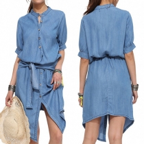 Chic Style Half Sleeve Stand Collar High-low Hem Denim Dress