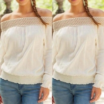 Sexy Lace Spliced Boat Neck Long Sleeve Casual Tops