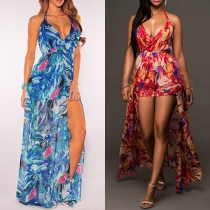 Sexy Backless Deep V-neck Slit Hem Printed Chiffon Rompers