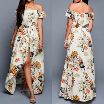 Sexy Boat Neck Short Sleeve Slit Hem Printed Rompers