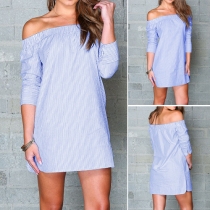 Sexy Boat Neck 3/4 Sleeve Striped Dress