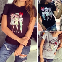 Cute Cartoon Girl Pattern Short Sleeve Round Neck T-shirt