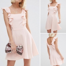 Sweet Solid Color Sleeveless Backless Ruffle Gathered Waist Dress