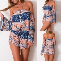 Sexy Off Shoulder Long Sleeve Printed Drawstring Waist Romper