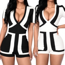 Sexy Colors Spliced Deep V-Neck Short Sleeve Romper