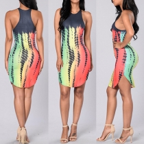 Fashion Sleeveless Round Neck Arcuate Hem Slim Fit Printed Dress