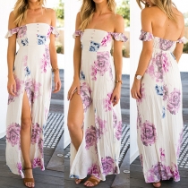 Sexy Boat Neck Slit Hem Printed Maxi Dress