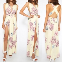 Sexy Backless Deep V-neck Slit Hem Printed Maxi Dress