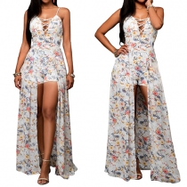 Sexy Backless V-neck Chiffon Hem Spliced Printed Rompers
