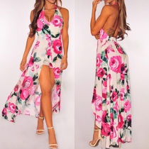 Sexy Backless Deep V-neck Slit Hem Chiffon Printed Dress