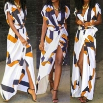 Bohemian Style Deep V-neck Irregular Slit Hem Printed Maxi Dress