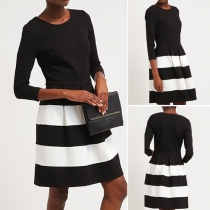 Fashion Contrast Color Long Sleeve Round Neck Dress