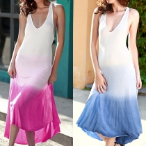 Sexy Backless Deep V-neck Color Gradient Maxi Dress
