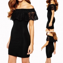 Sexy Lace Spliced Boat Neck Slim Fit Dress