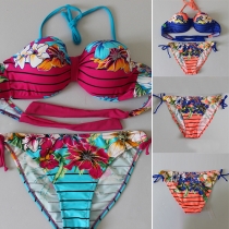 Sexy Printed Striped Halter Bikini Set