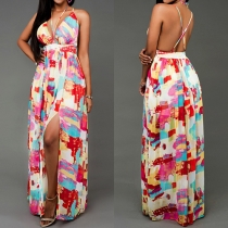 Bohemian Style Backless Deep V-neck Slit Hem Printed Maxi Dress