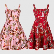 Sexy Backless Gathered Waist Sling Printed Dress