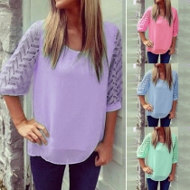 Fashion Solid Color Round Neck Half Sleeve Hollow Out Backless Tops