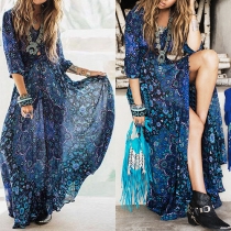 Fashion V-neck Half Sleeve Printed Slit Hem Maxi Dress