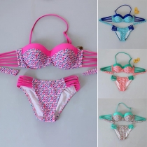 Sexy Contrast Color Printed Hollow Out Halter Bikini Set