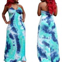 Sexy Printed V-neck Sleeveless Backless Halter Maxi Dress