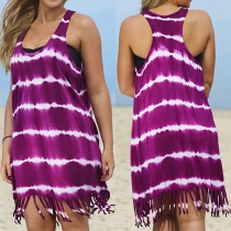 Fashion Round Neck Sleeveless Printed Tassel Hem Dress
