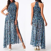 Elegant Sleeveless Printed Slit Hem Gathered Waist Maxi Dress