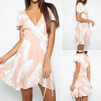 Sexy V-neck Printed Short Sleeve Irregular Hem Dress